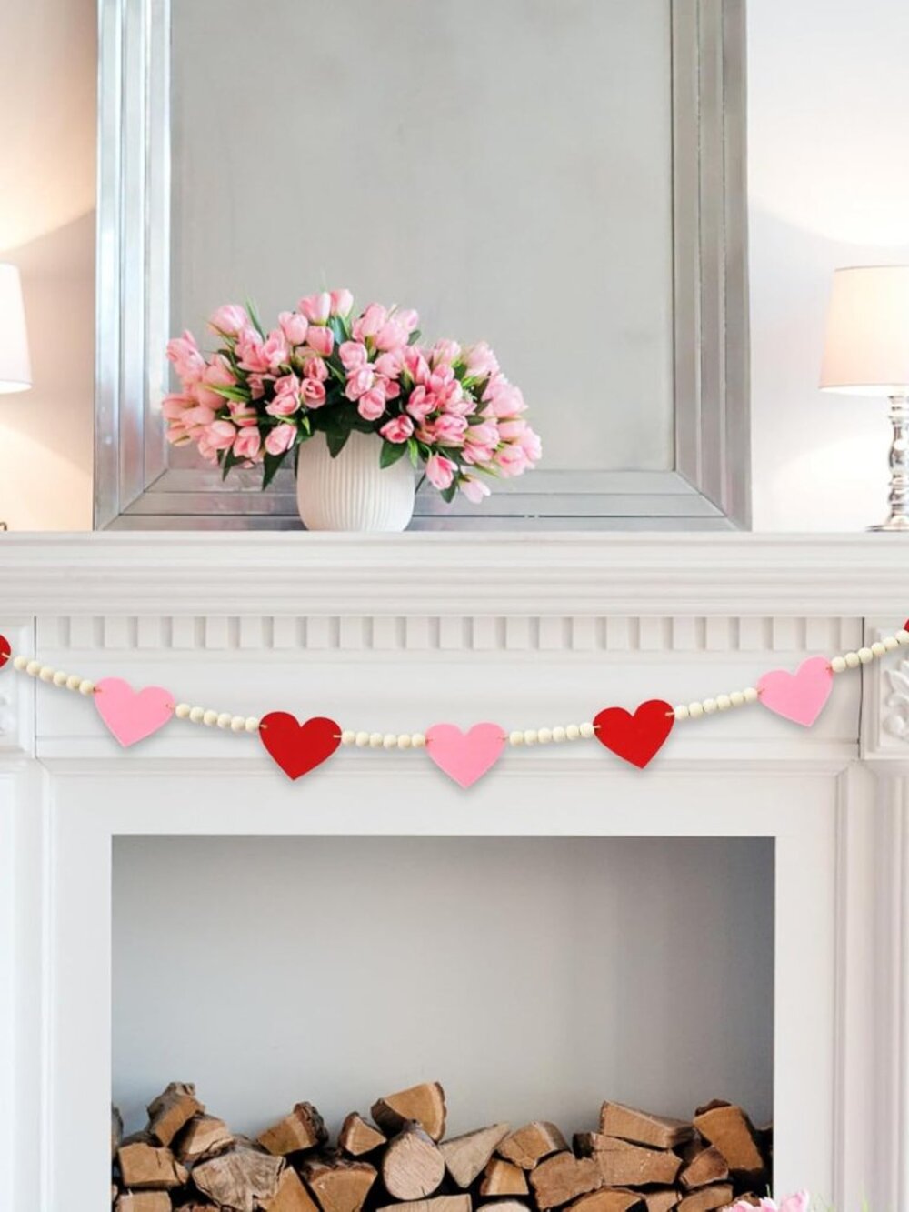 4.2 FT Felt Heart Wooden Beads Garland Valentine's Day Hanging Decorations, Roma